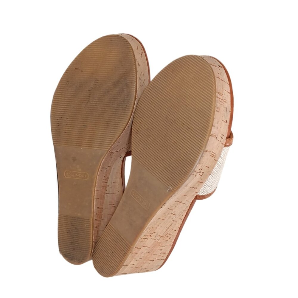 Coach Mule Sandals Womens 8 Tan Canvas Leather Trim Shearling Wedge Sandals - Picture 5 of 6